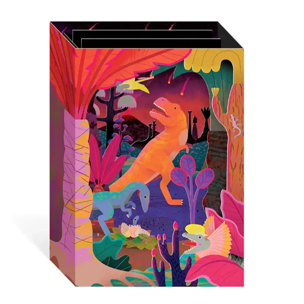 Colorful box with dinosaur design on a white background