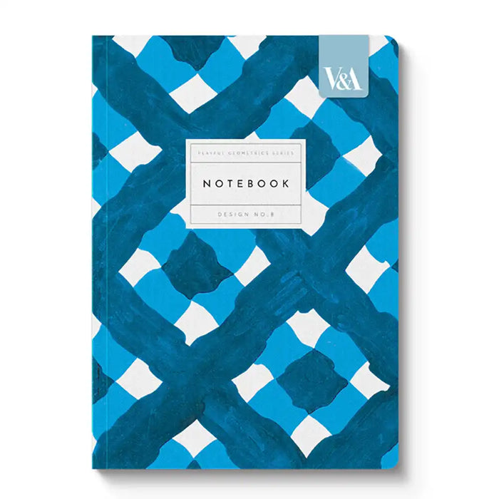 Notebook with blue and white geometric pattern on a white background