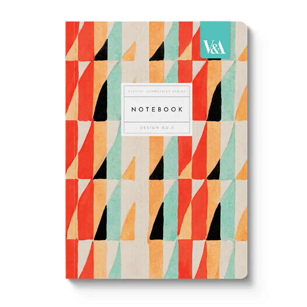 Notebook with geometric pattern and V&A logo on a white background