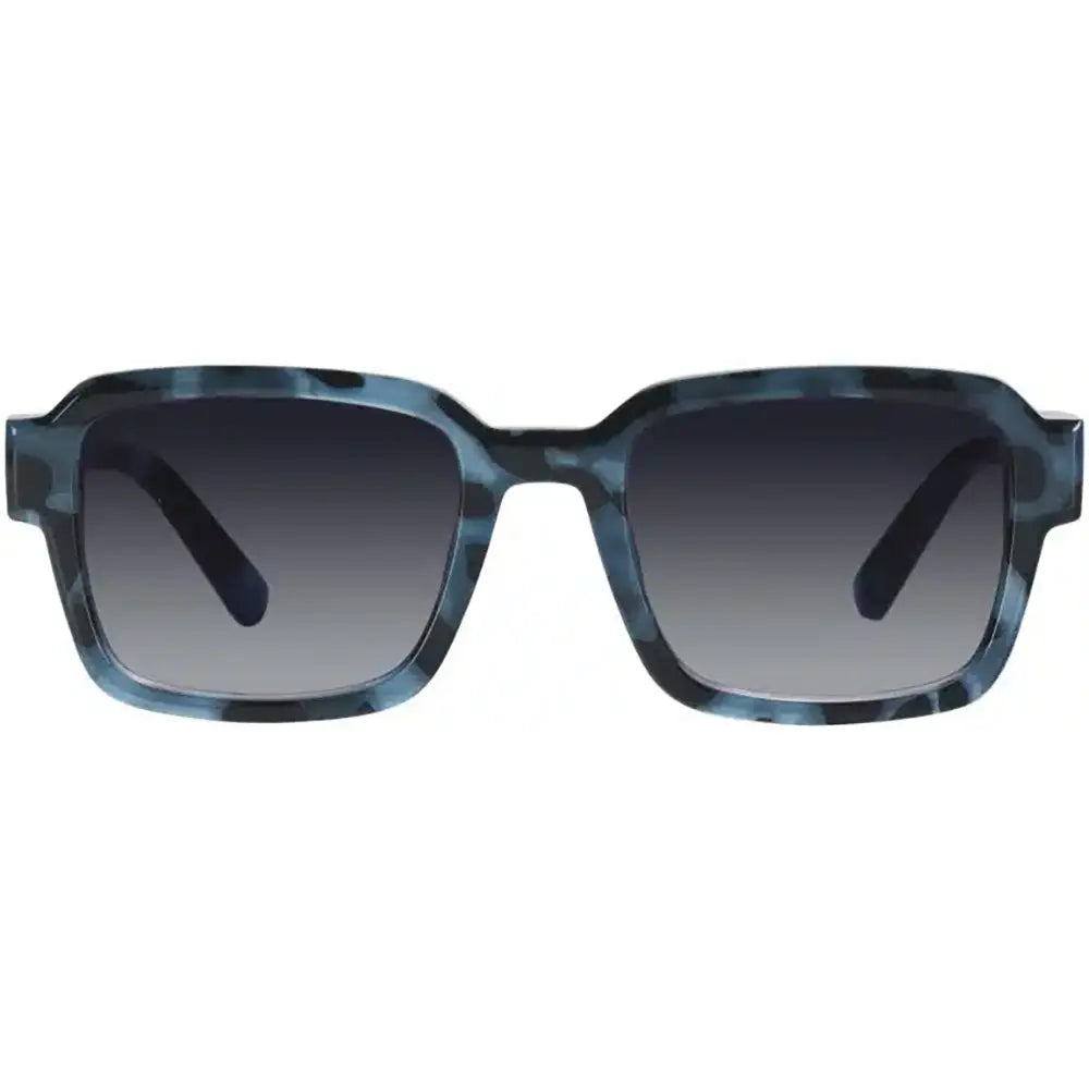 Sunglasses with blue tortoiseshell frame and dark lenses on a white background