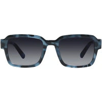 Sunglasses with blue tortoiseshell frame and dark lenses on a white background