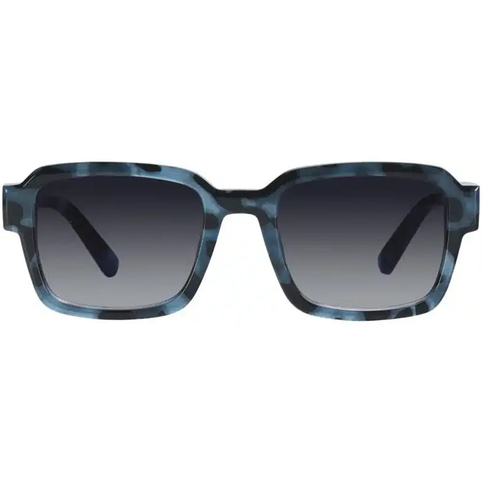 Sunglasses with blue tortoiseshell frame and dark lenses on a white background