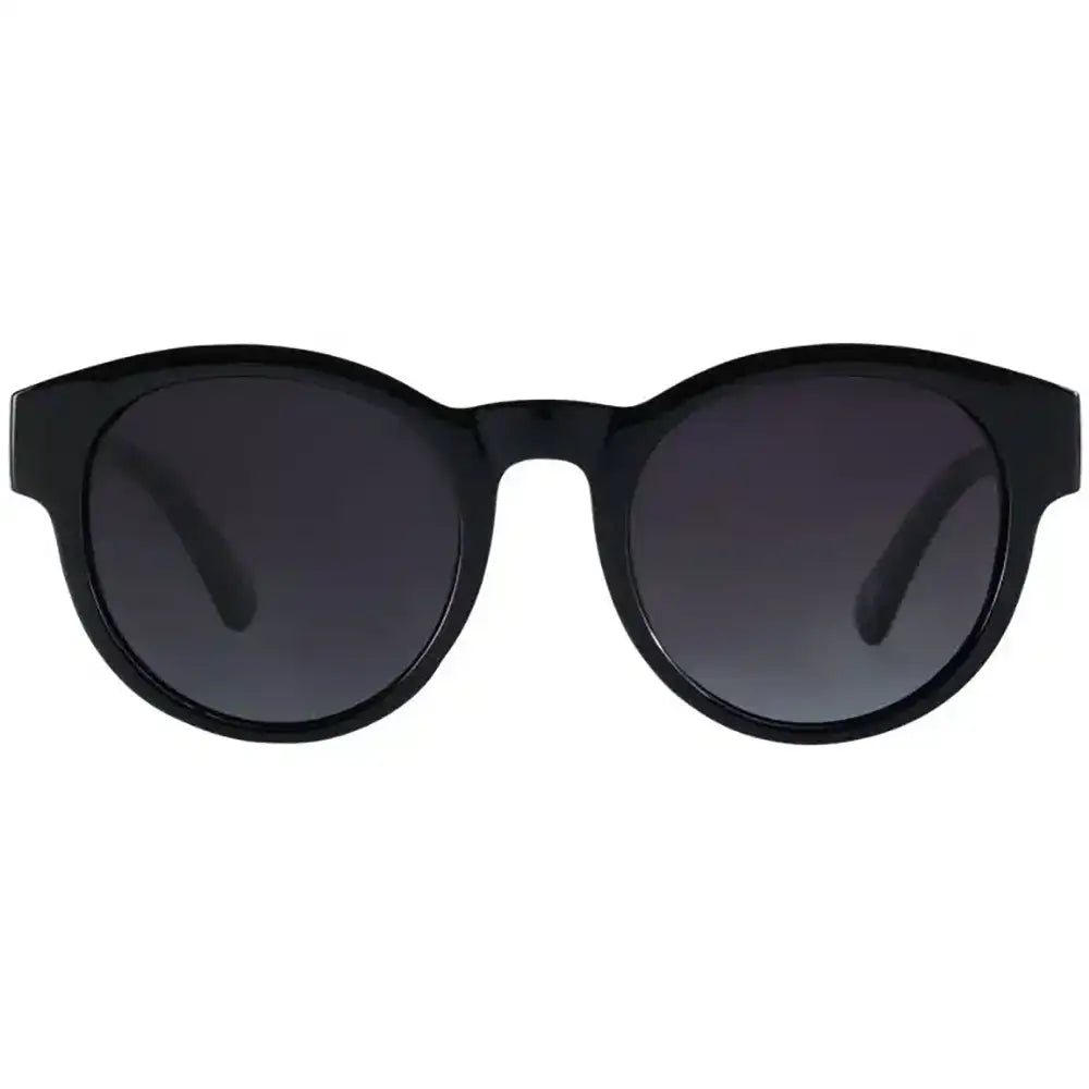 Black sunglasses with dark lenses on a white background