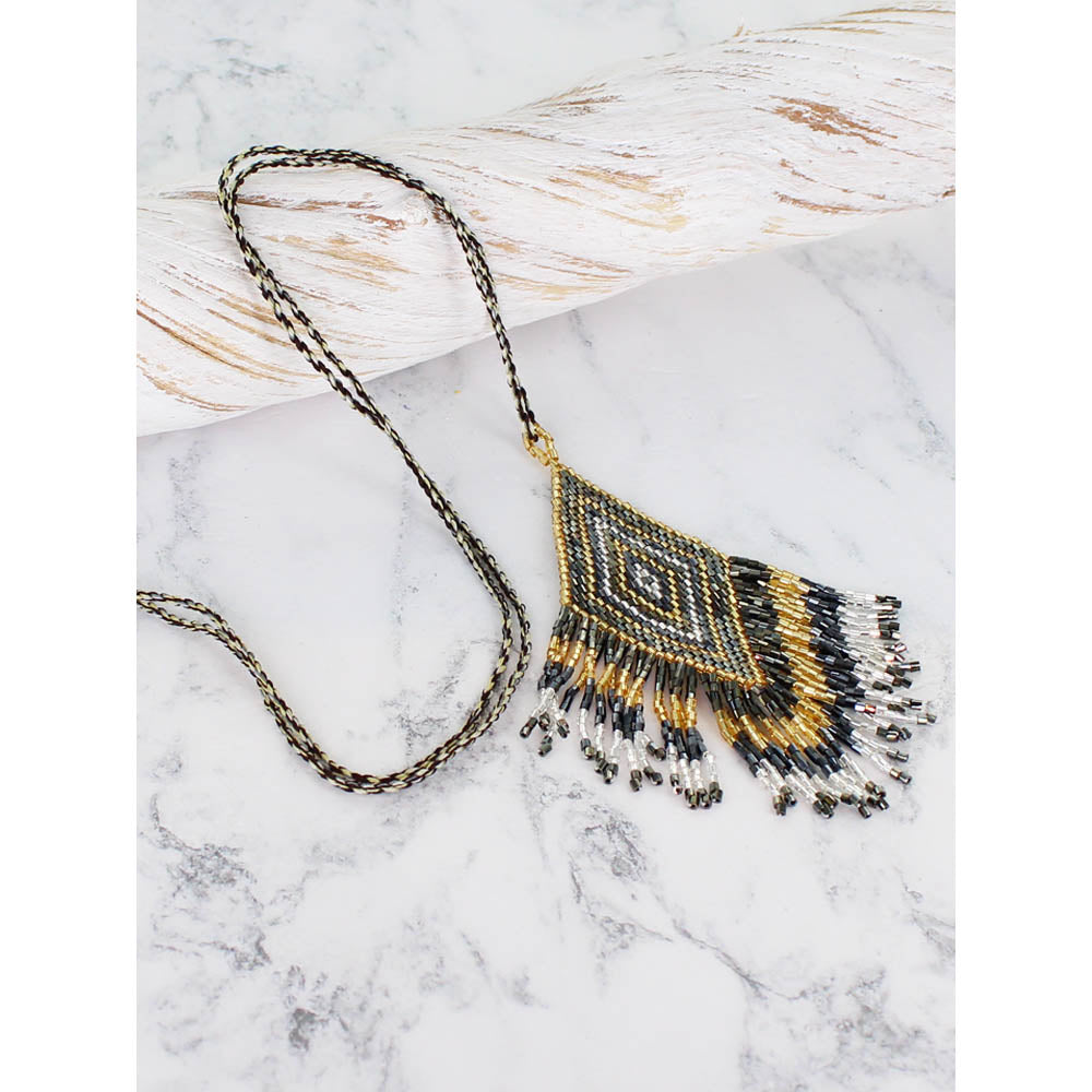 Suzie Blue Aztec Beaded Pendent in Black