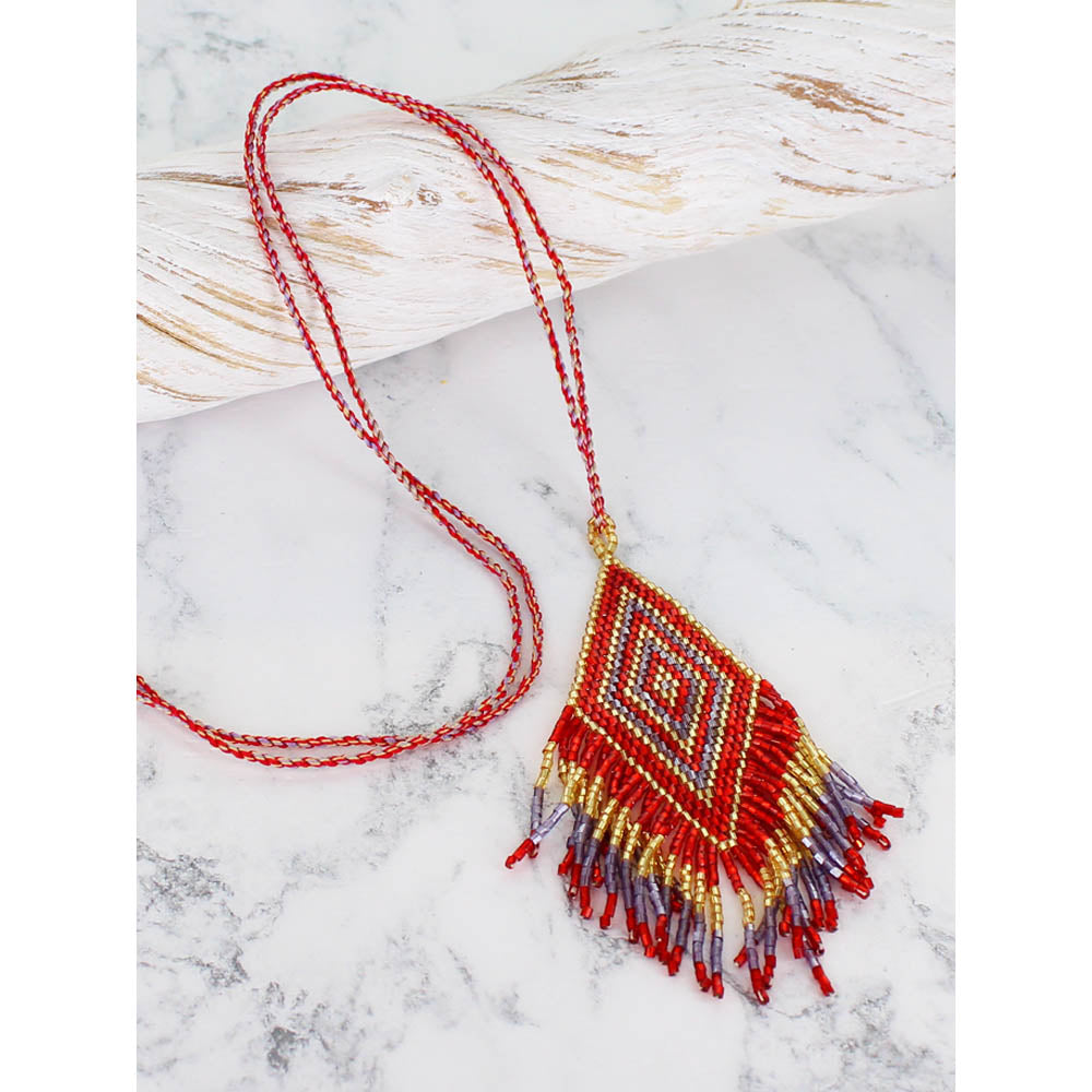 Suzie Blue Aztec Beaded Pendent in Red