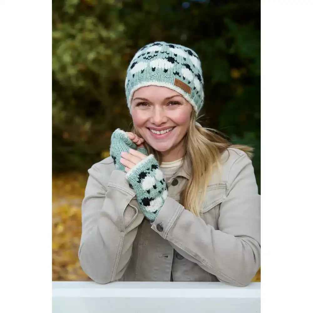 Merino Wool Beanie - Green Sheep