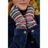 A woman wearing colourful striped knit handwarmer. The fingerless gloves feature horizontal stripes in blue, pink, orange, green, and white.