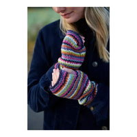 A close-up of a person wearing multicolored striped knit fingerless gloves over a dark navy coat, with the lower face and hair partially visible.