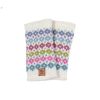 A pair of cream-colored knit hand warmers featuring a colourful Fair Isle pattern with rows of pink, green, blue, and purple motifs. 