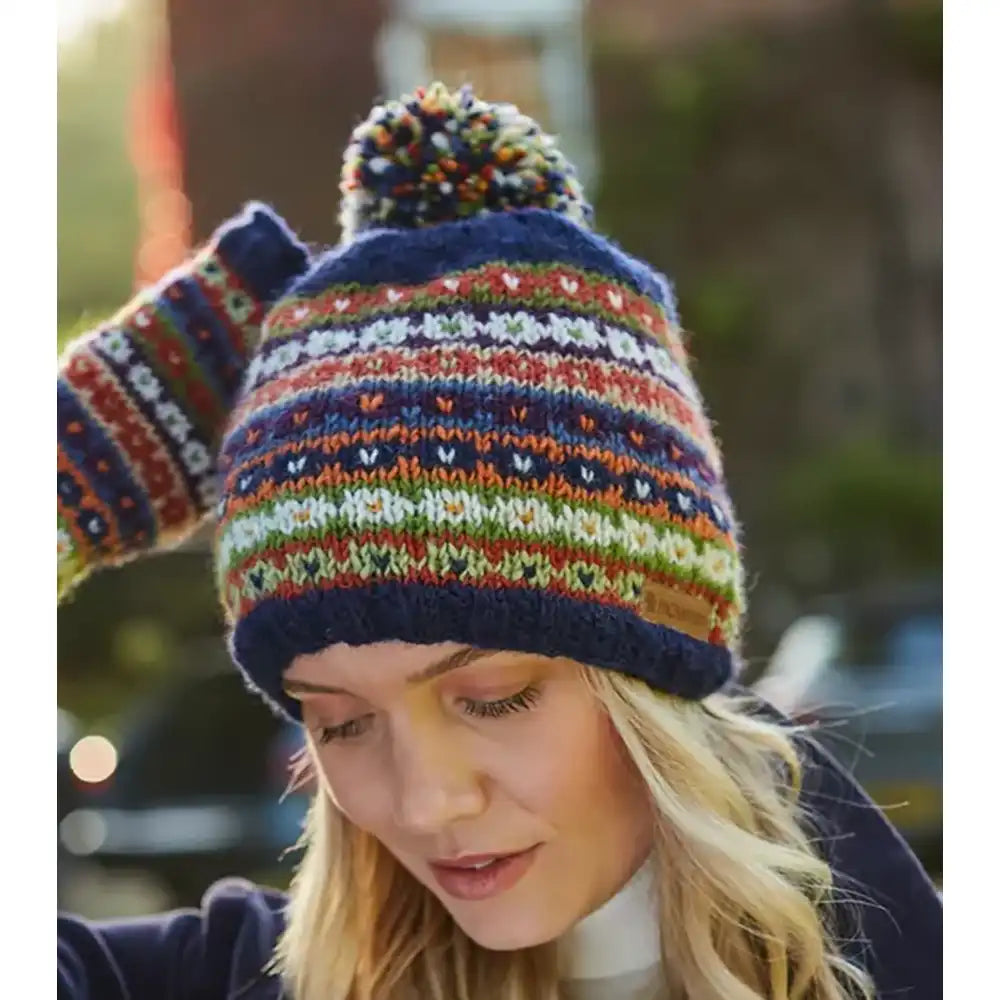 Fair Isle Inspired Bobble Beanie - Navy Blue