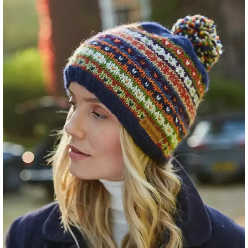 Fair Isle Inspired Bobble Beanie - Navy Blue