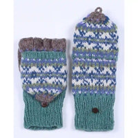 A pair of hand-knit fingerless gloves with a multicolor Fair Isle pattern in blue, green, and white, featuring a solid teal ribbed cuff and brown buttons.