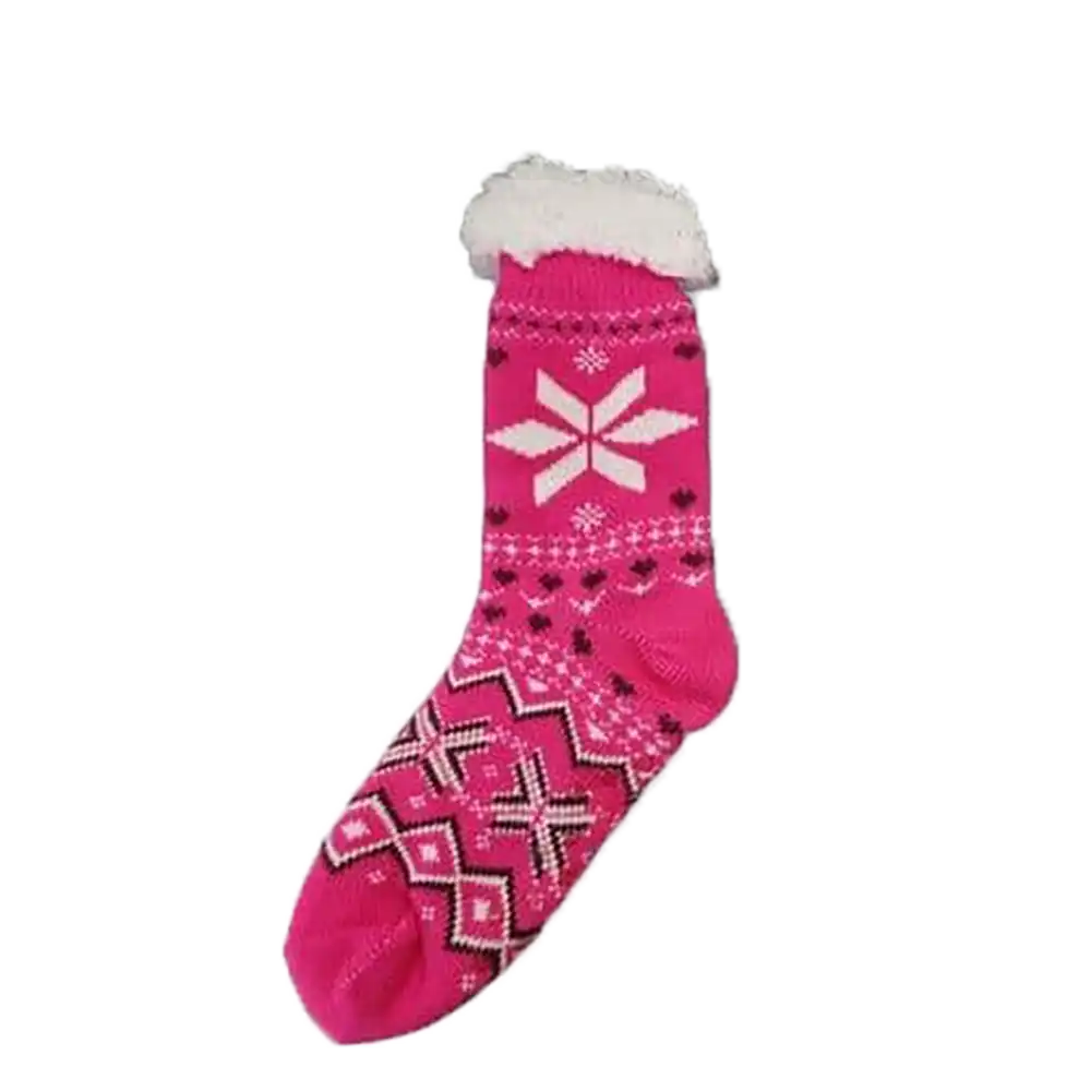 Hot pink sock with a snowflake design all over it. White trim top. 
