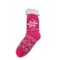 Hot pink sock with a snowflake design all over it. White trim top. 
