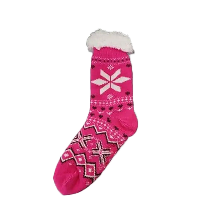 Hot pink sock with a snowflake design all over it. White trim top. 
