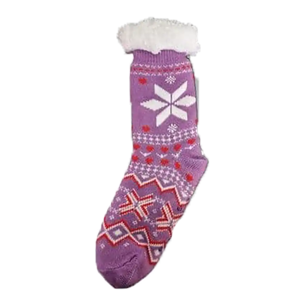 Purple socks woth a festive snowflake print. White cuff at top. 