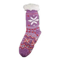 Purple socks woth a festive snowflake print. White cuff at top. 