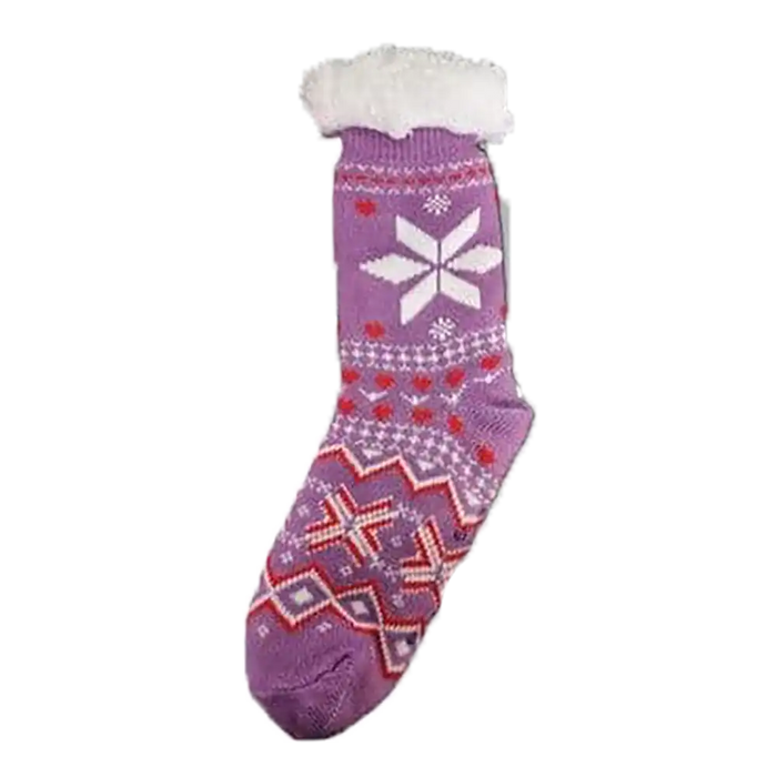 Purple socks woth a festive snowflake print. White cuff at top. 