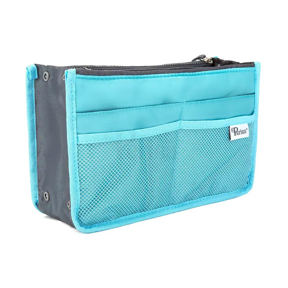 A small handbag organiser in bright blue with a grey lining and gusset, featuring multiple compartments and a black zipper.