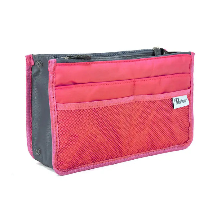 A small handbag organiser in coral with a grey lining and gusset, featuring multiple compartments and a black zipper.