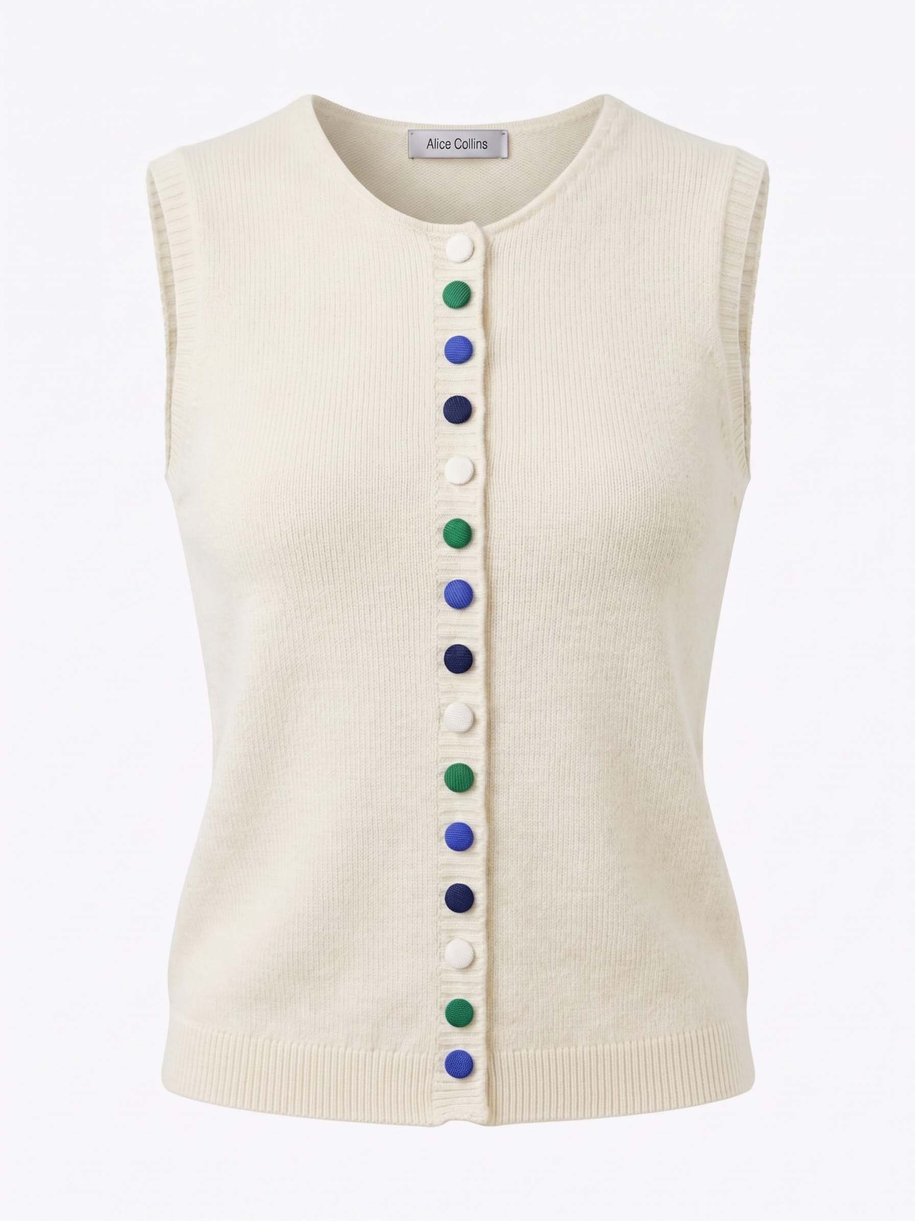 An off-white ribbed knit sleeveless vest featuring a vertical row of colorful buttons in blue, green, and white, displayed on a clean white background.