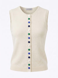 An off-white ribbed knit sleeveless vest featuring a vertical row of colorful buttons in blue, green, and white, displayed on a clean white background.
