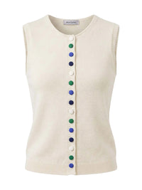 An off-white ribbed knit sleeveless vest featuring a vertical row of colorful buttons in blue, green, and white, displayed on a clean white background.