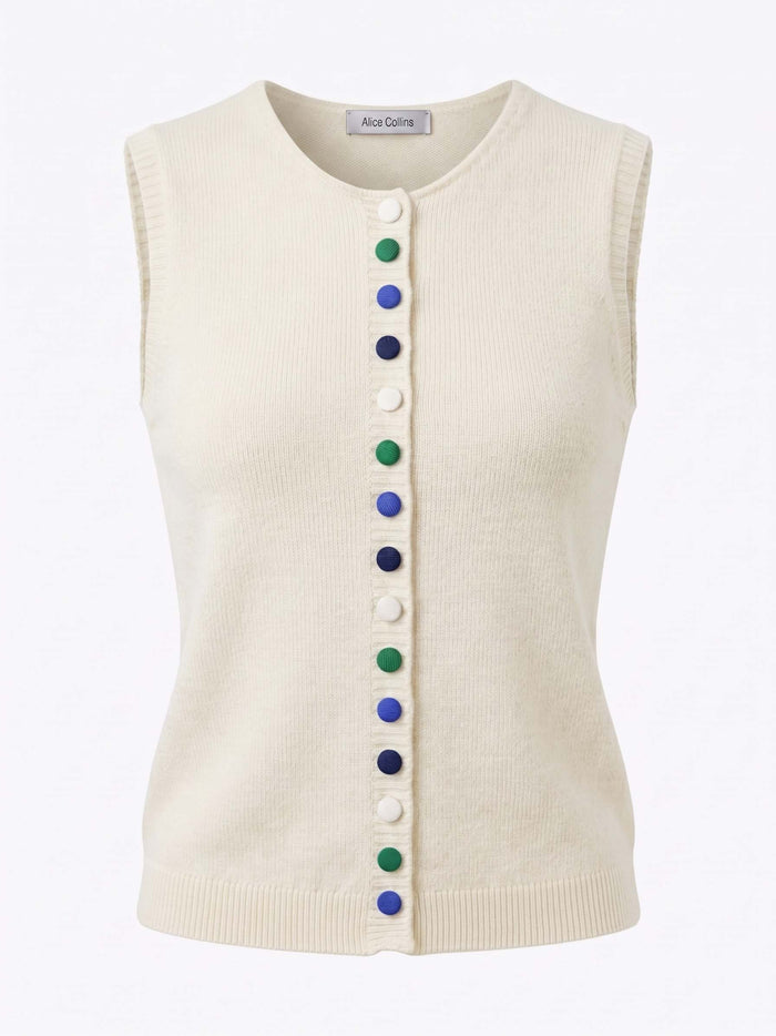 An off-white ribbed knit sleeveless vest featuring a vertical row of colorful buttons in blue, green, and white, displayed on a clean white background.