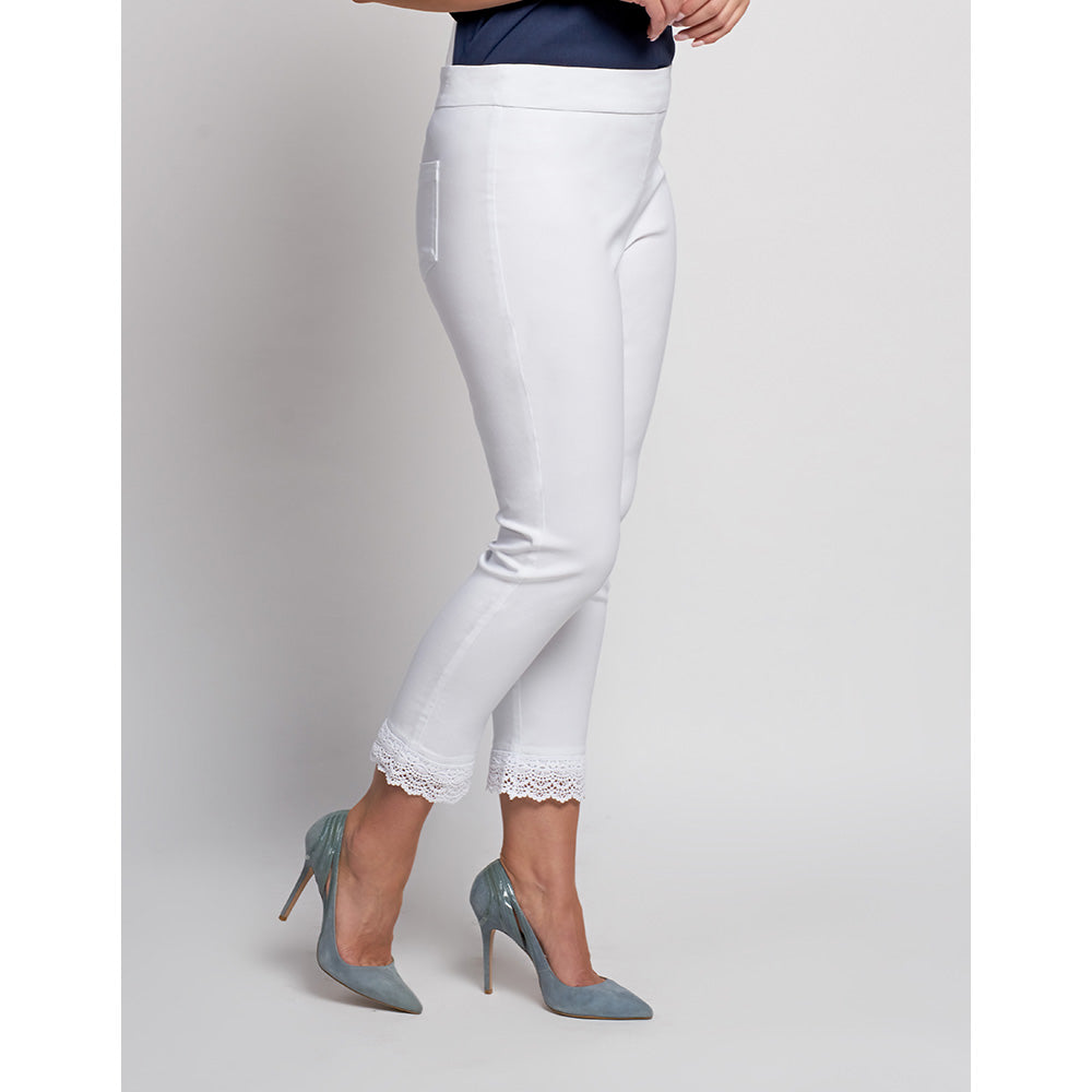 Pinns white Bengaline trousers with lace detail at ankle grazer cuffs. Side view. 