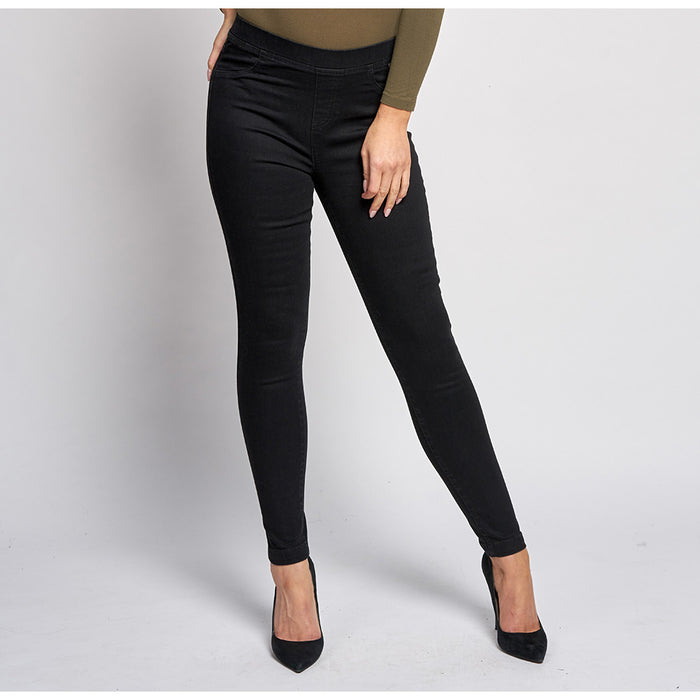 Pinns skinny trousers in black with elasticated waist. Front view.