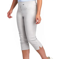 Silver coloured slim fit trousers with slit on leg by the knee. 