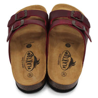 Pair of sandals with red straps and visible brand logo on a white background