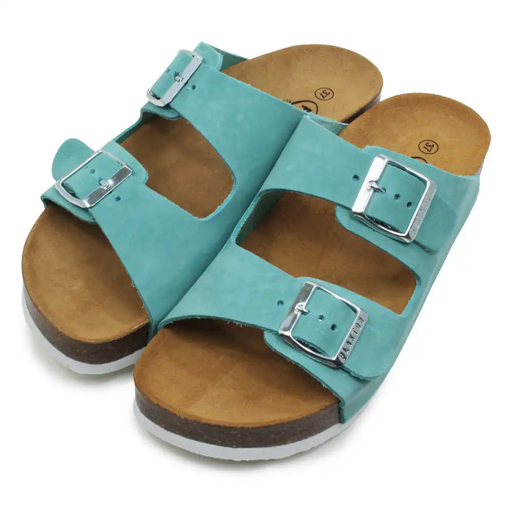 Teal double buckled sandals on a white background.