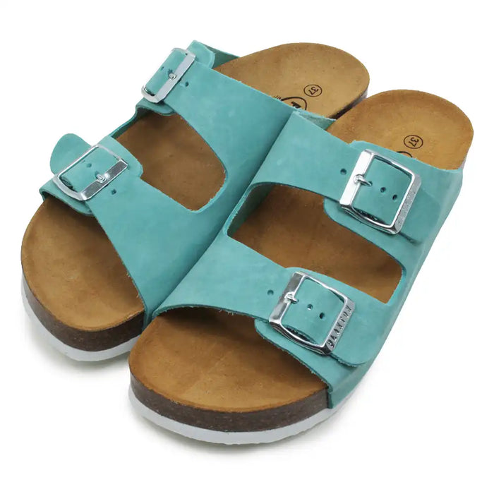 Teal double buckled sandals on a white background.