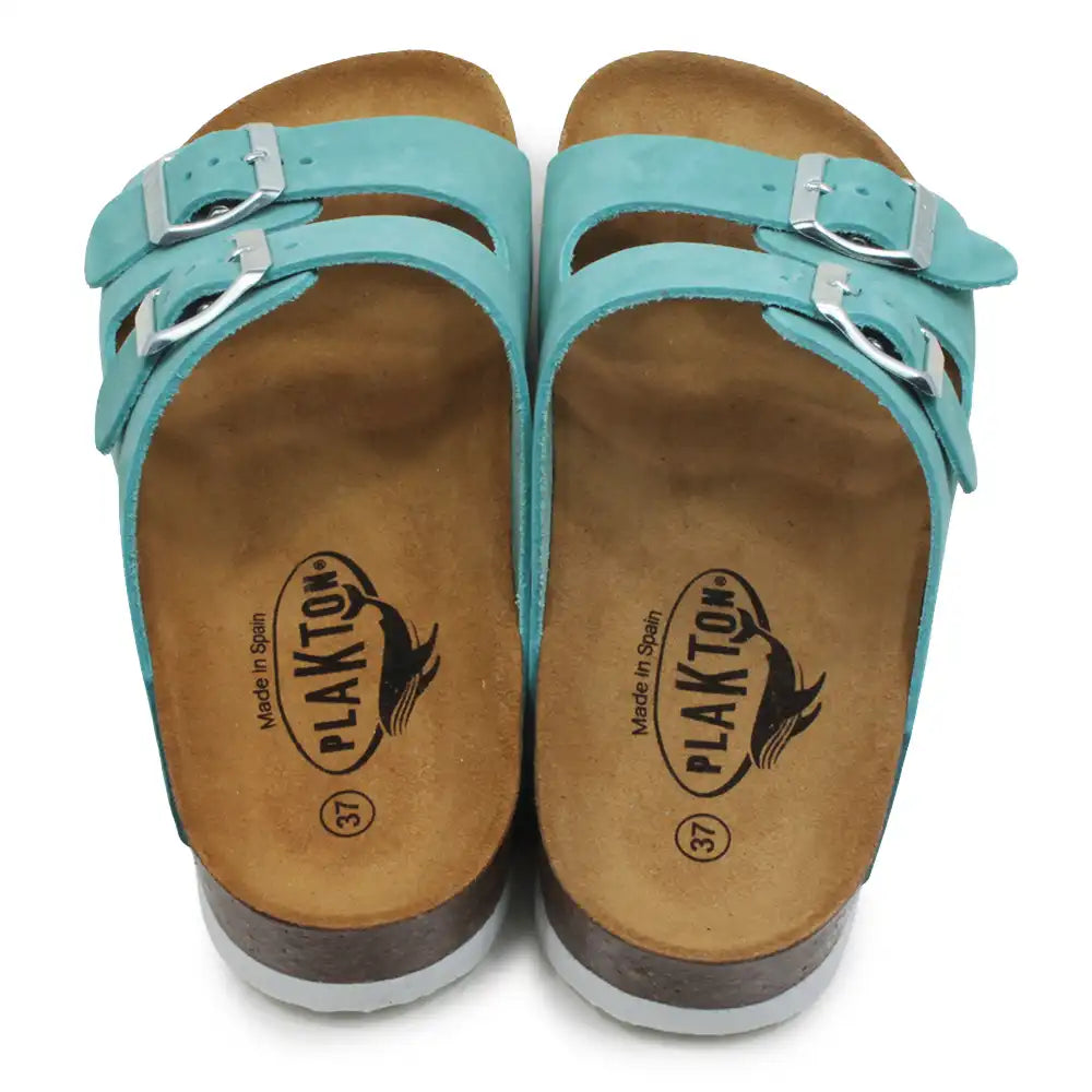 Teal double buckled sandals on a white background.