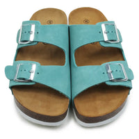 Teal double buckled sandals on a white background.