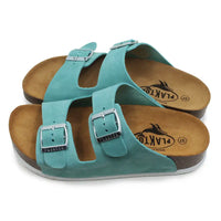 Teal double buckled sandals on a white background.