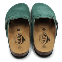 Pair of green clogs with visible Plakton branding on the soles.
