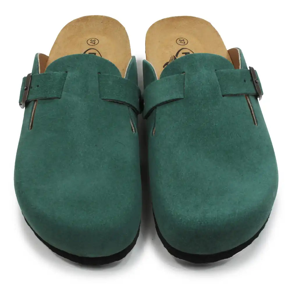 Pair of green suede clogs with brown buckles on a white background