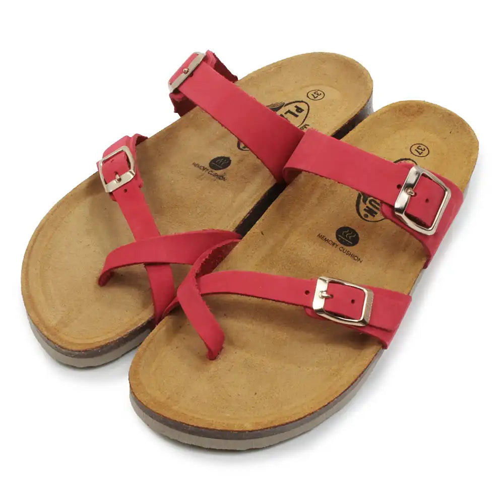 Pair of sandals with red straps on a white background