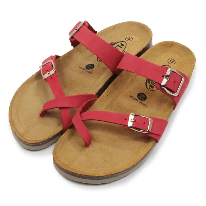 Pair of sandals with red straps on a white background