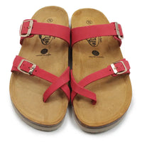 Pair of sandals with red straps on a white background