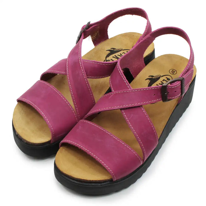 Pair of pink sandals with a brand logo on a white background
