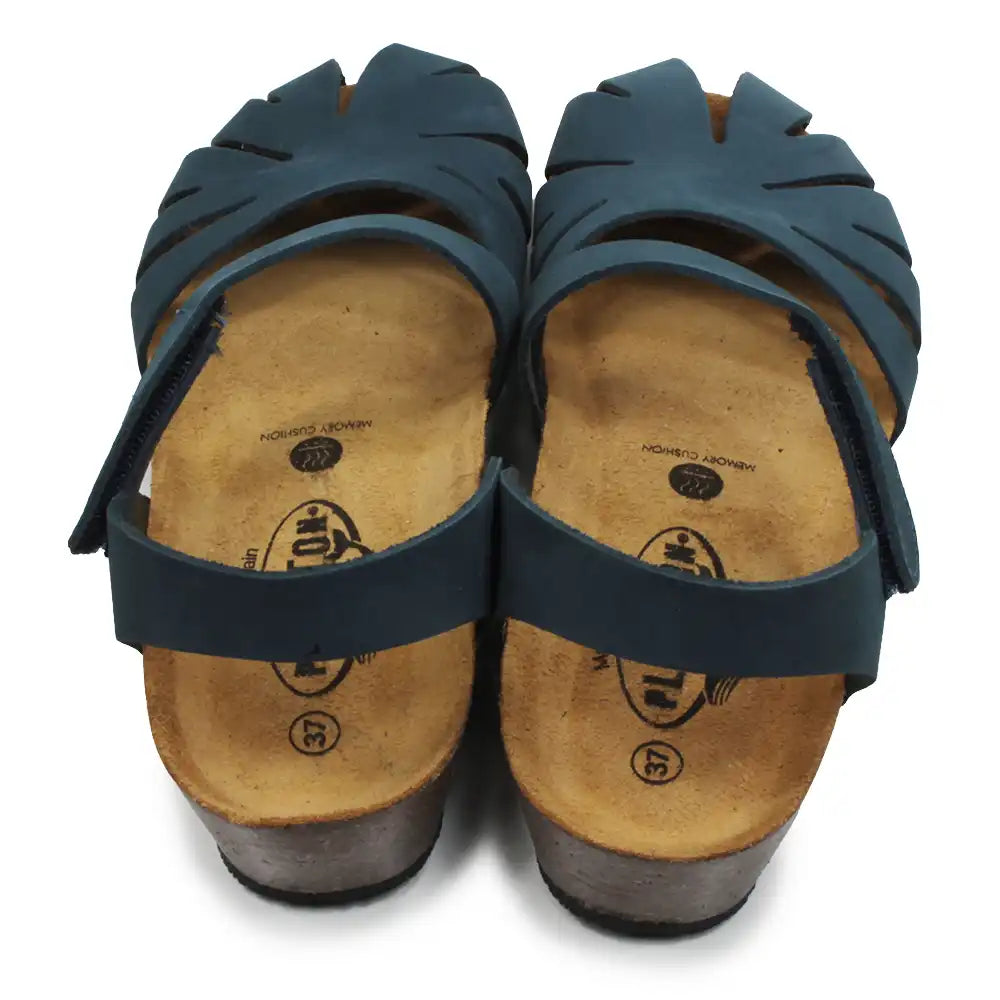 Pair of blue sandals with cork soles on a white background