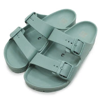 Green teal EVA waterproof double bucked sandals against a white background.
