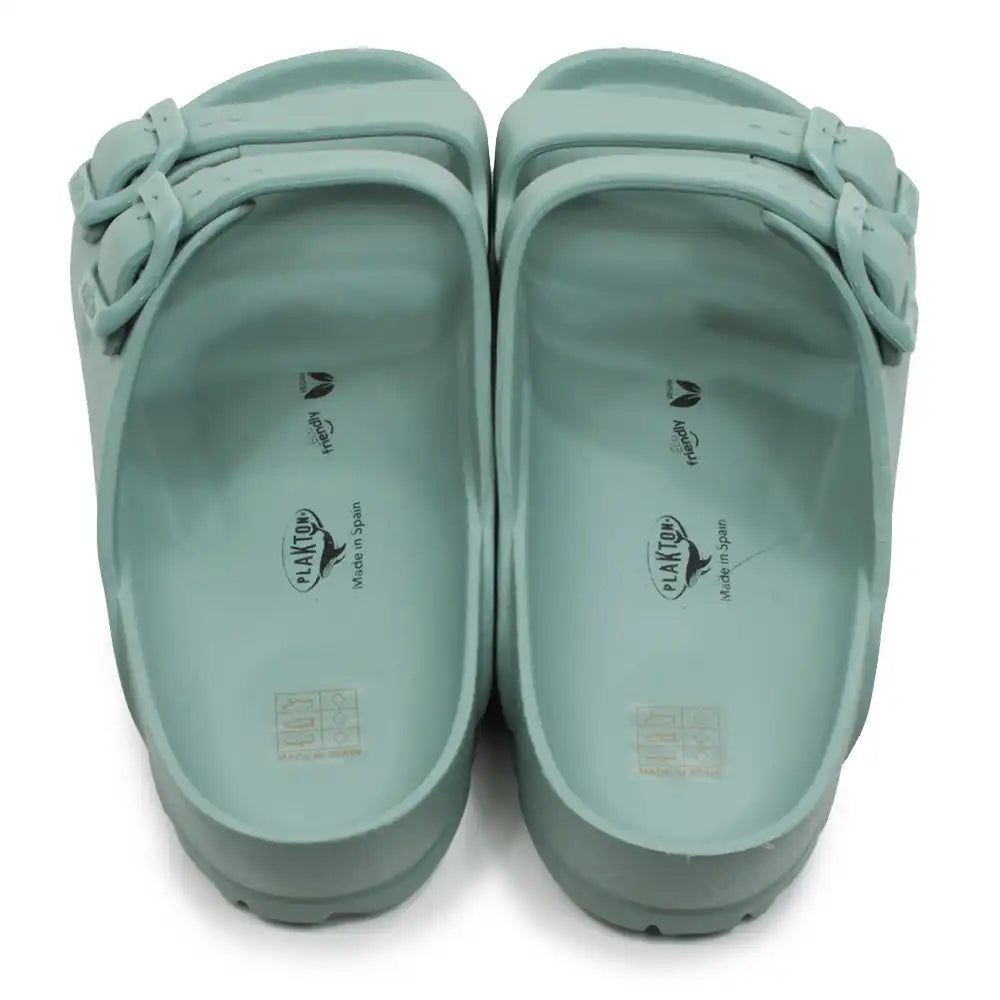 Green teal EVA waterproof double bucked sandals against a white background.