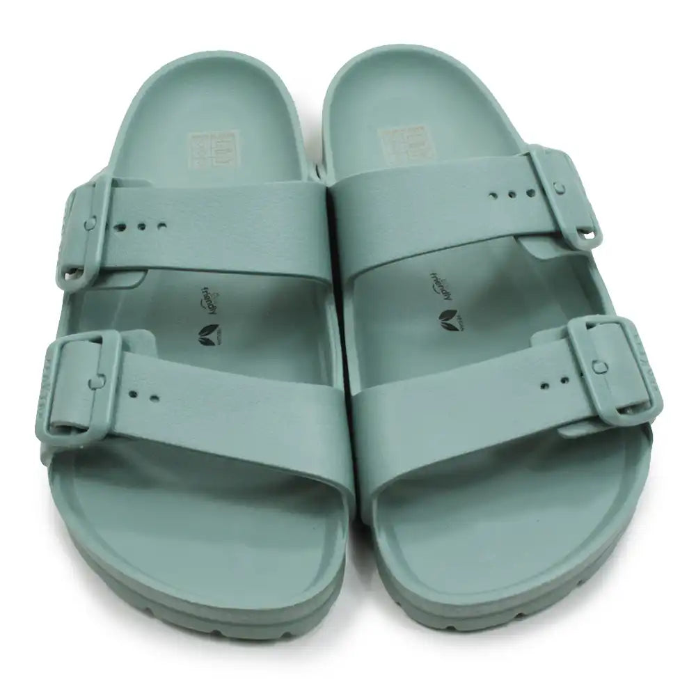 Green teal EVA waterproof double bucked sandals against a white background.