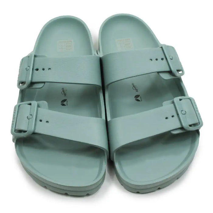 Green teal EVA waterproof double bucked sandals against a white background.