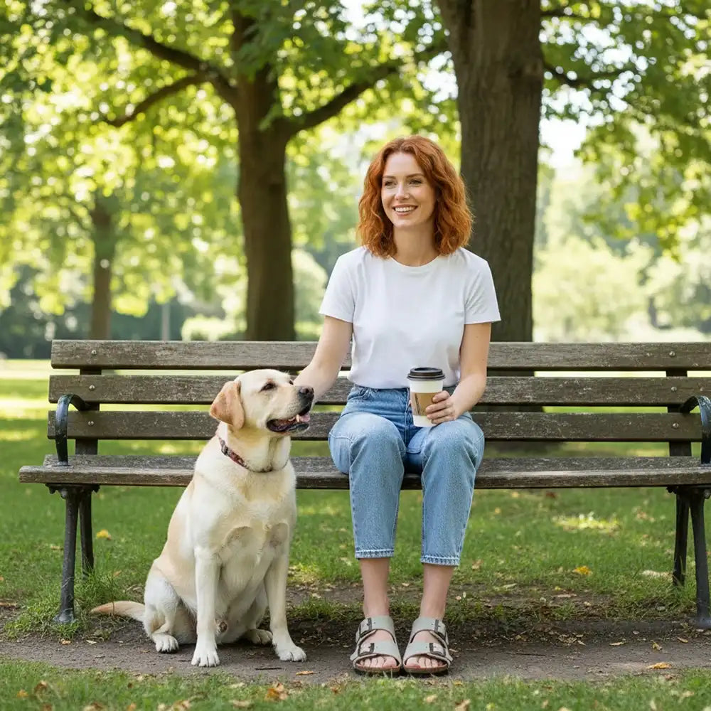 Woman sitting on a bench with a dog in a park