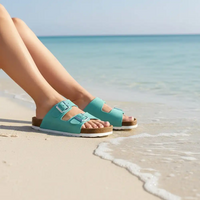 Teal sandals on feet by the ocean